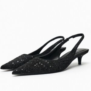 Zara tweed textured black slingback kitten heels pointed toe Old Money Classic